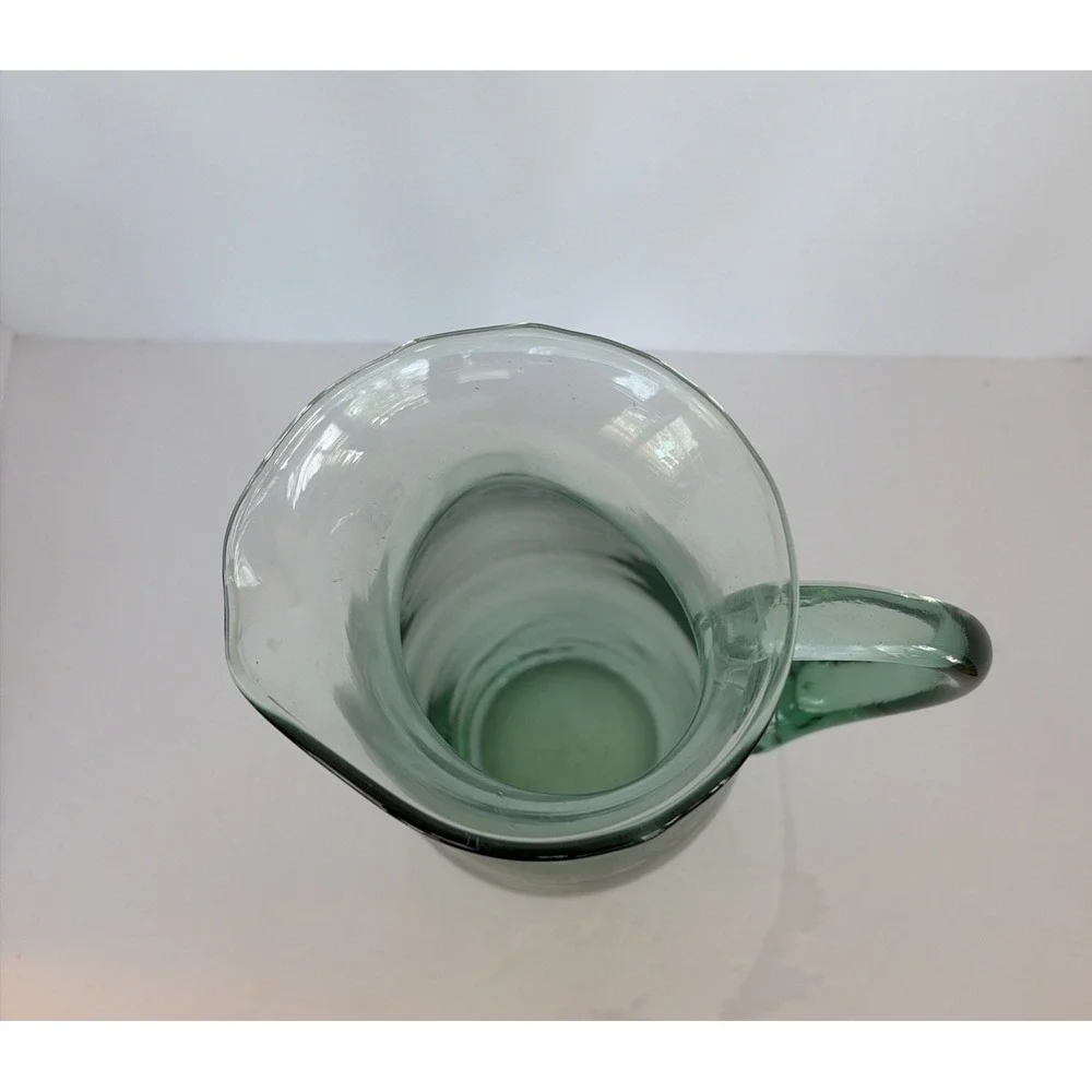 Water Pitcher Carafe with Handle Art Glass Hand Blown Jug Bubbles Green- VTG